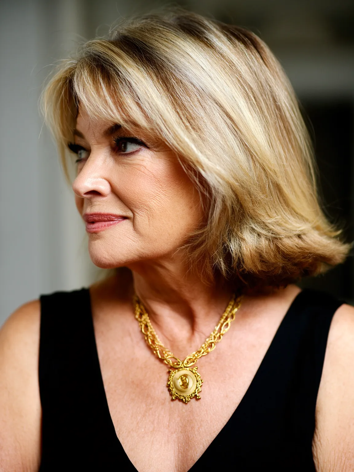 Classic Chin-Length Sandy Blonde Bob with Side-Swept Bangs and Subtle Highlights